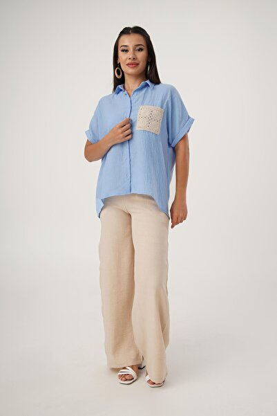 Hipo Trend Cămașă tricotată albastră cu mânecă scurtă - cu buzunar