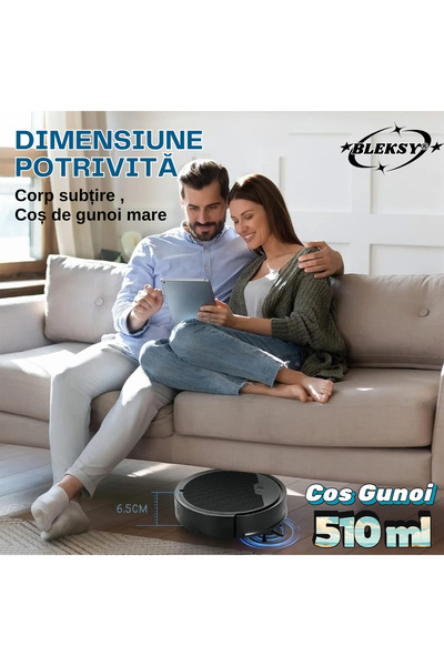 BLEKSY Robot aspirator inteligent OB8s, autonomie de 70 de minute, control prin aplicație, silențios, detectare obstacole, negru