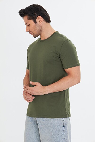 TRENDHİLL Men's Large Size Cotton Crew Neck T-Shirt Khaki 5014B-H