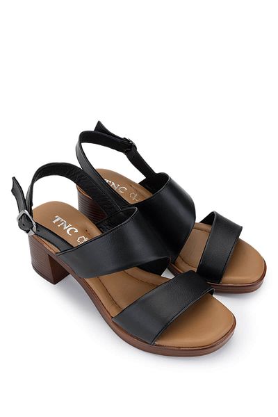 Tamer Tanca Women's Genuine Leather Black Leather Heeled Sandals