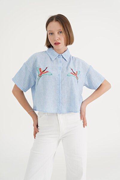 Hipo Trend Cămașă albastră - broderie cu pasăre, mânecă scurtă