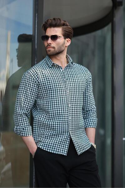 Madmext Yeşil Pötikareli Uzun Kollu Erkek Gömlek E6763