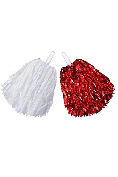 Parti dolabı 2'li Kırmızı Beyaz Renkli 23 Nisan Ponponu Amigo Gösteri Okul Ponpon 19 Mayıs Metalik Renk Saplı Süs