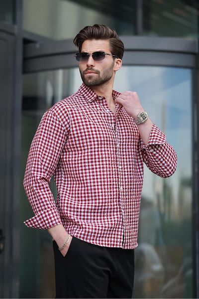 Madmext Ανδρικό πουκάμισο μακρυμάνικο μπορντό Gingham E6763