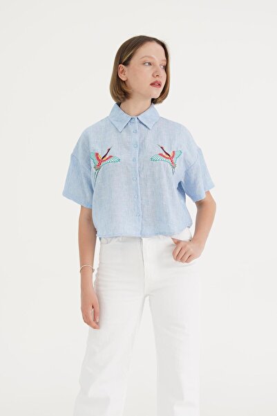 Hipo Trend Cămașă albastră - broderie cu pasăre, mânecă scurtă