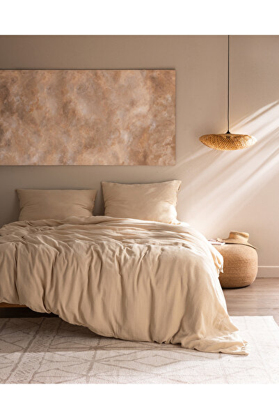 Madame Coco Beige Marla Muslim King Size 100% Cotton Elastic Duvet Cover Set