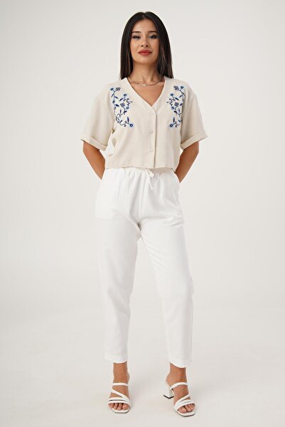 Hipo Trend Stone Colored Flower Embroidered Short Sleeve Shirt