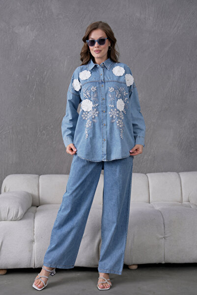 Miss Allos Women's Front Embroidered Flower and Stone Decorated Denim Shirt a...