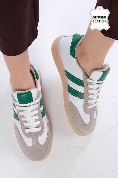 Mio Gusto Tindra Genuine Leather Green Color Striped Women's Sports Shoes