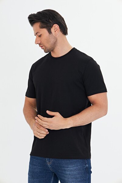 TRENDHİLL Men's Cotton Crew Neck T-Shirt Black 5014-S