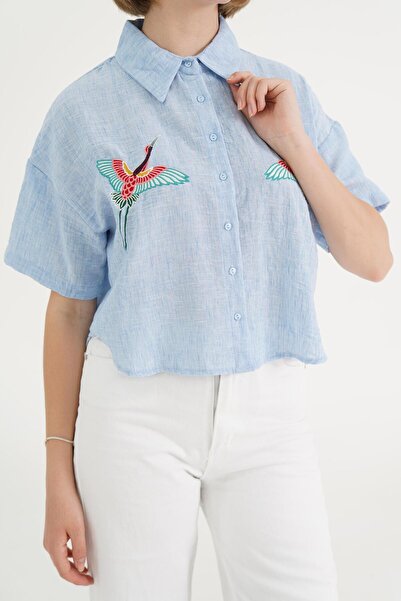 Hipo Trend Cămașă albastră - broderie cu pasăre, mânecă scurtă