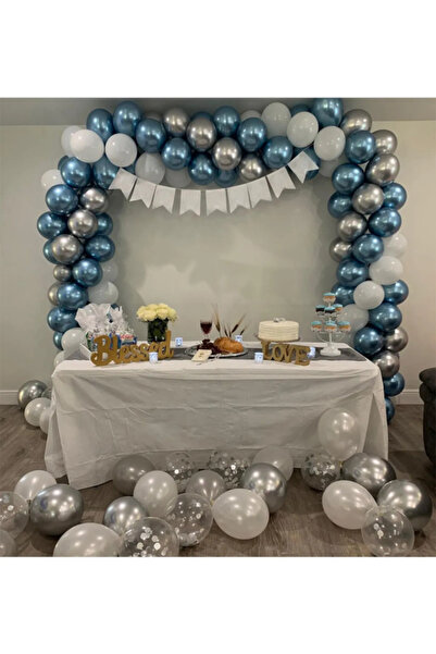 Parti Zamanı Krom Mavi Gümüş Beyaz Pastel Balon Zinciri Seti Doğum Kutlama Gü...