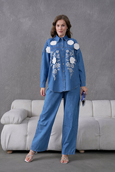 Miss Allos Women's Front Embroidered Flower and Stone Decorated Denim Shirt a...