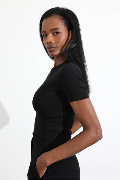 5in1Canpolat Black Crew Neck Lycra T-Shirt 3626