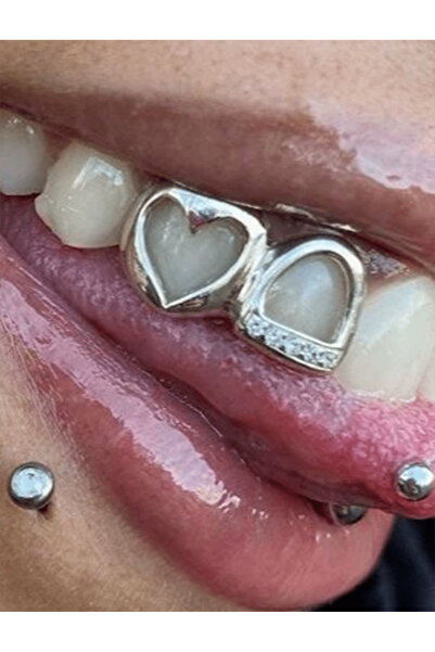 Zümrütoyuncakstore Y2k Coquette Gümüş Kalpli Taşlı Tooth Gems Grillz Diş Taşı...