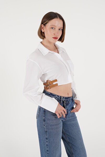 Hipo Trend Λευκό Crop πουκάμισο - Πλαϊνή ζώνη και κουμπιά