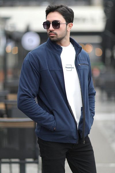 JB John Borners Men's Full Zippered Pocket Detailed Stand Collar Fleece Navy Blue - 6054