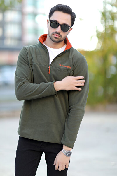 JB John Borners Men's Stand Collar Polar Fleece Khaki Half Zipper Embroidery Detailed Regularfit - 6001