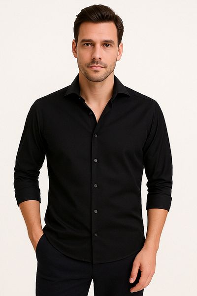 D'S Damat Fekete Slim Fit - olasz gallér Dobby hosszú ujjú, könnyen vasalható, légáteresztő Four Seasons