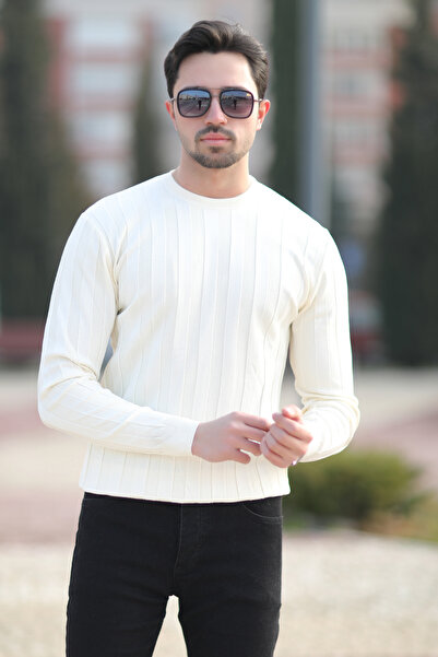 JB John Borners Men's Crew Neck Corded 100% Micro Flament Knitwear Ecru - 1006