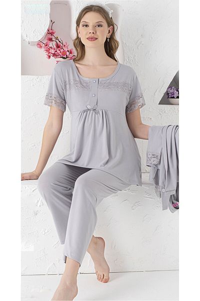 JENİKA 3-piece Gray Lace and Ribbon Maternity Pajamas Set - Short Sleeve, Buttoned and Dressing Gown