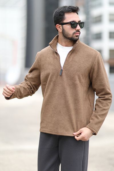 JB John Borners Men's Winter Fleece Sweatshirt Brown Half Zipper Stand Collar Throat - 6053