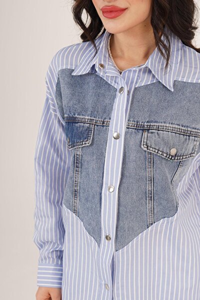 Hipo Trend Cămașă cu dungi Cămașă albastră cu detaliu inimă din denim