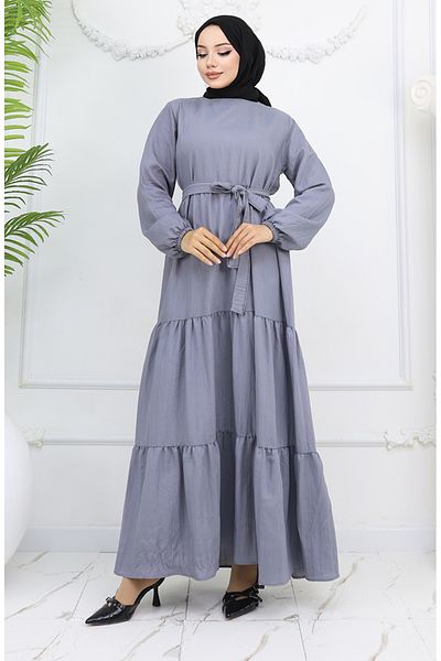 sefamerve Φόρεμα Sofia Linen Sleeve Elastic Belted 2023-05 Γκρι