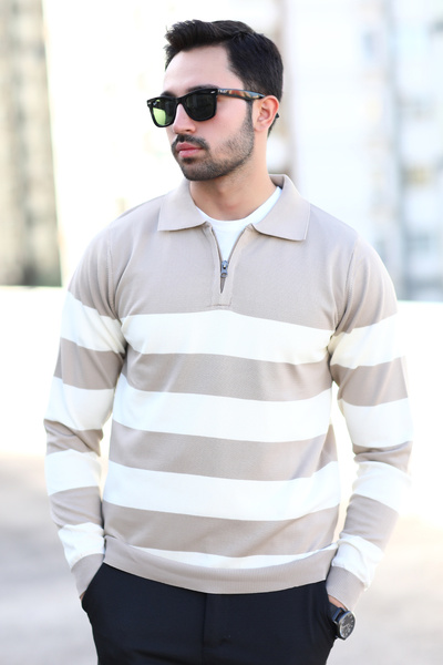 JB John Borners Ανδρικό πλεκτό πουλόβερ με γιακά πόλο βιζόν με μισό φερμουάρ ριγέ 100% Micro Flament - 1069