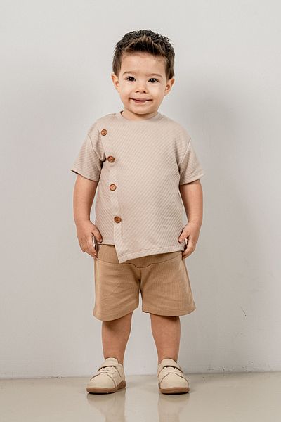 bombe Baby Kids Beige Crew Neck Shorts Cotton Comfortable 2-Piece Set Trend Fashion Bottom Top Set