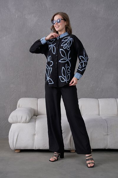 Miss Allos Women's Front Embroidered Collar and Cuff Denim Detailed Linen Shirt and Pants Bottom Top Set