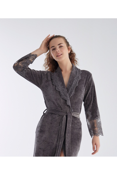 Nuşa Dantelli Şık Zarif Doğal Bambu Pamuk Sabahlık