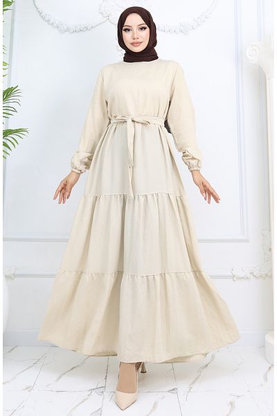 sefamerve Μπεζ φόρεμα με ζώνη - Sofia Linen Sleeve, είναι ελαστικό στυλ 2023-07