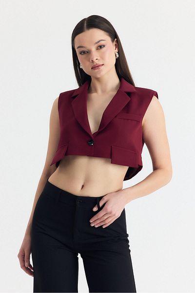 Rays Claret Red Crop Padded Single Button Pocket Detail Vest 6929