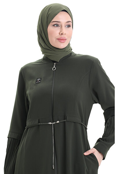 sefamerve Large Size Sleeve Pleated Lace up Ferace 6194-05 Khaki