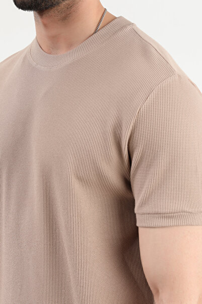 JB John Borners Ανδρικό μπλουζάκι με υφή βάφλα με λαιμόκοψη Mink - 2709