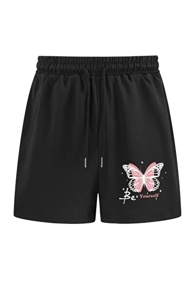 stg spor toptan giyim Women's Black Butterfly Print Combed Cotton Shorts