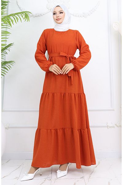 sefamerve Φόρεμα Sofia Linen Sleeve Elastic Belted 2023-03 Πλακάκι