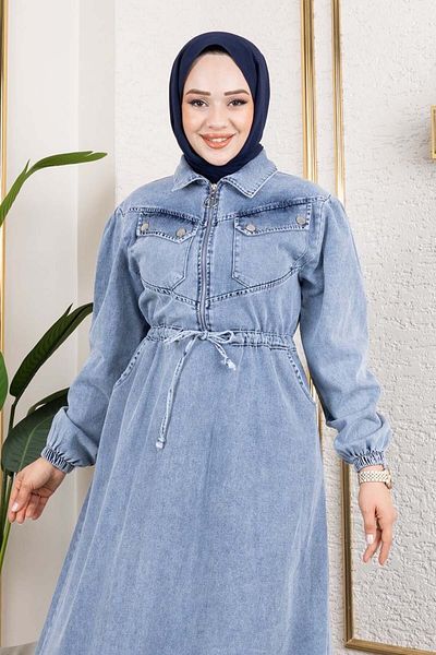 benguen Rochie albastră din denim cu buzunare și șireturi, model 6116