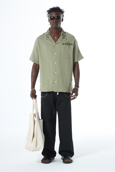 VAMOSCLO Nakış Detaylı Oversize Keten Gömlek Haki