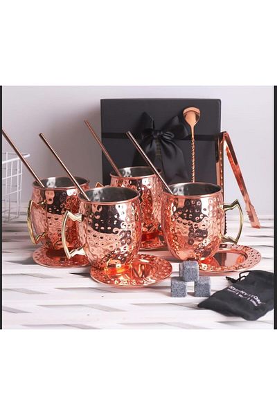 bar enthusiast Copper Mule Cups Set (4PCS) | With Whiskey Stones | Moscow Mule Gift Set