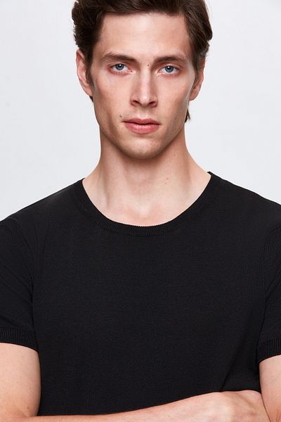 Twn Slim Fit Μαύρο Πλεκτό T-shirt από Ραγιόν