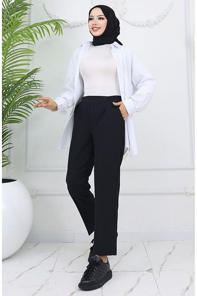 sefamerve Elastic Waist Carrot Trousers 4002-01 Black