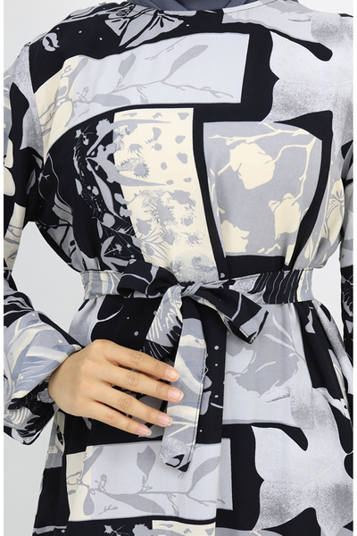 sefamerve Viskon Kumaş Kolu Lastikli Desenli Elbise 2026-01 Siyah Gri