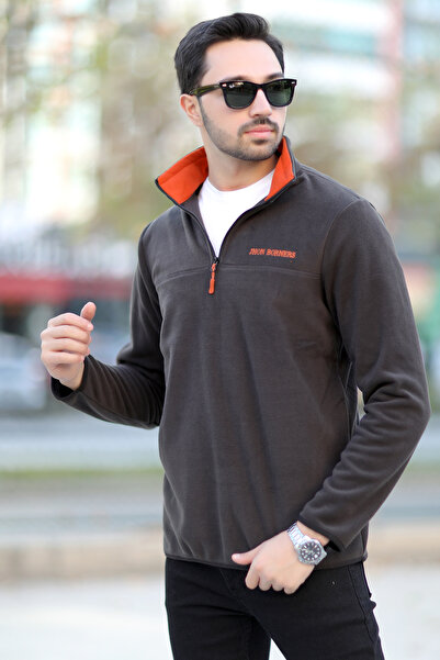 JB John Borners Men's Stand Collar Fleece Anthracite Half Zipper Embroidery Detailed Regularfit - 6001