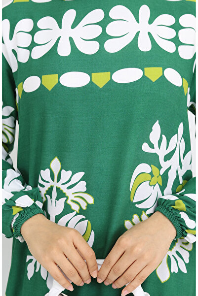 sefamerve Viskon Kumaş Kolu Lastikli Desenli Elbise 0046-01 Yeşil