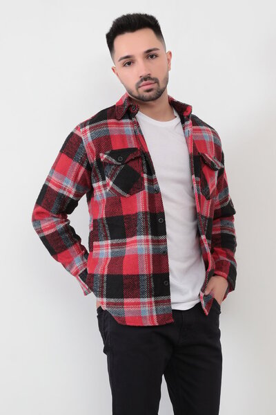 JB John Borners Men's lumberjack shirt anthracite-gray plaid black stripe detailed double pocket long sleeve cotton - 16423