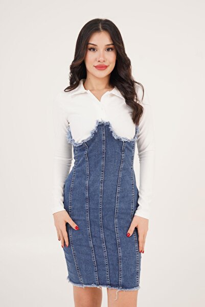 Hipo Trend Polo Yaka Bluz Detaylı Püsküllü Lacivert Denim Elbise