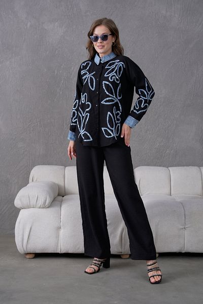 Miss Allos Women's Front Embroidered Collar and Cuff Denim Detailed Linen Shirt and Pants Bottom Top Set