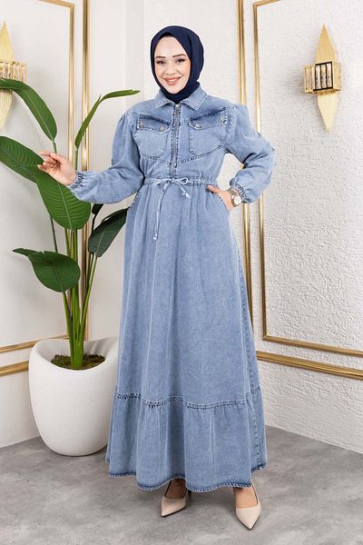 benguen Rochie albastră din denim cu buzunare și șireturi, model 6116